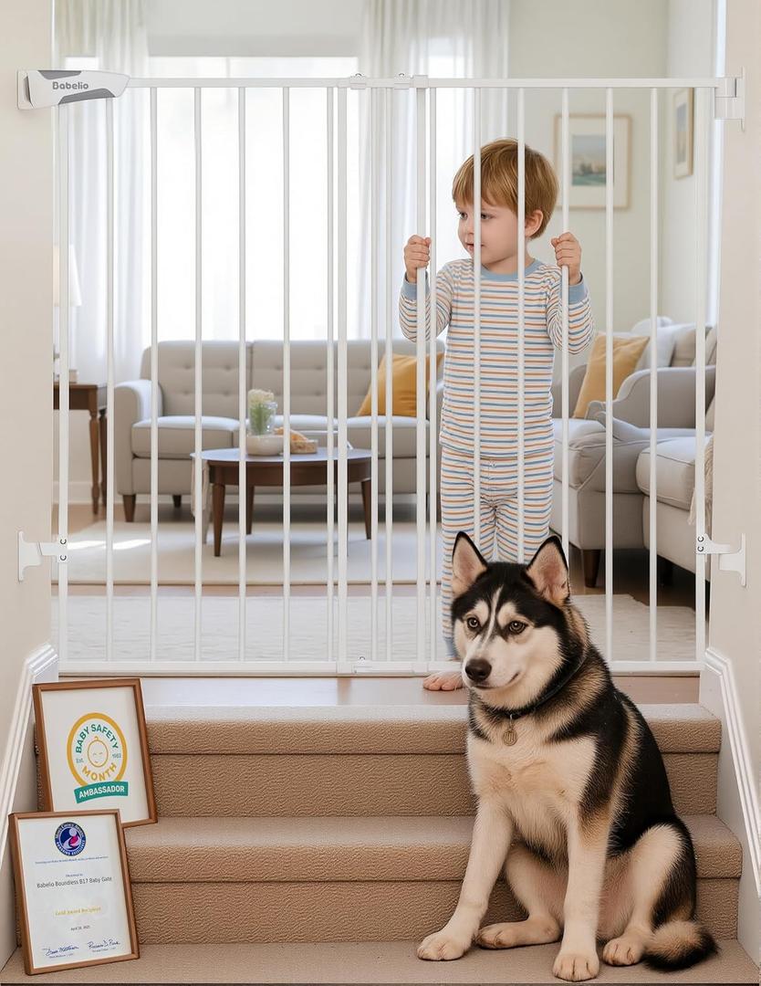 Babelio Baby Gate for Stairs & Doorways, " W 34" H Extra Tall| No Bottom Bar| Easy Installation| One-handed Operation| Auto-close| Hardware Mount (Drill Needed) Safety Dog/Pet Gate Indoor (White)