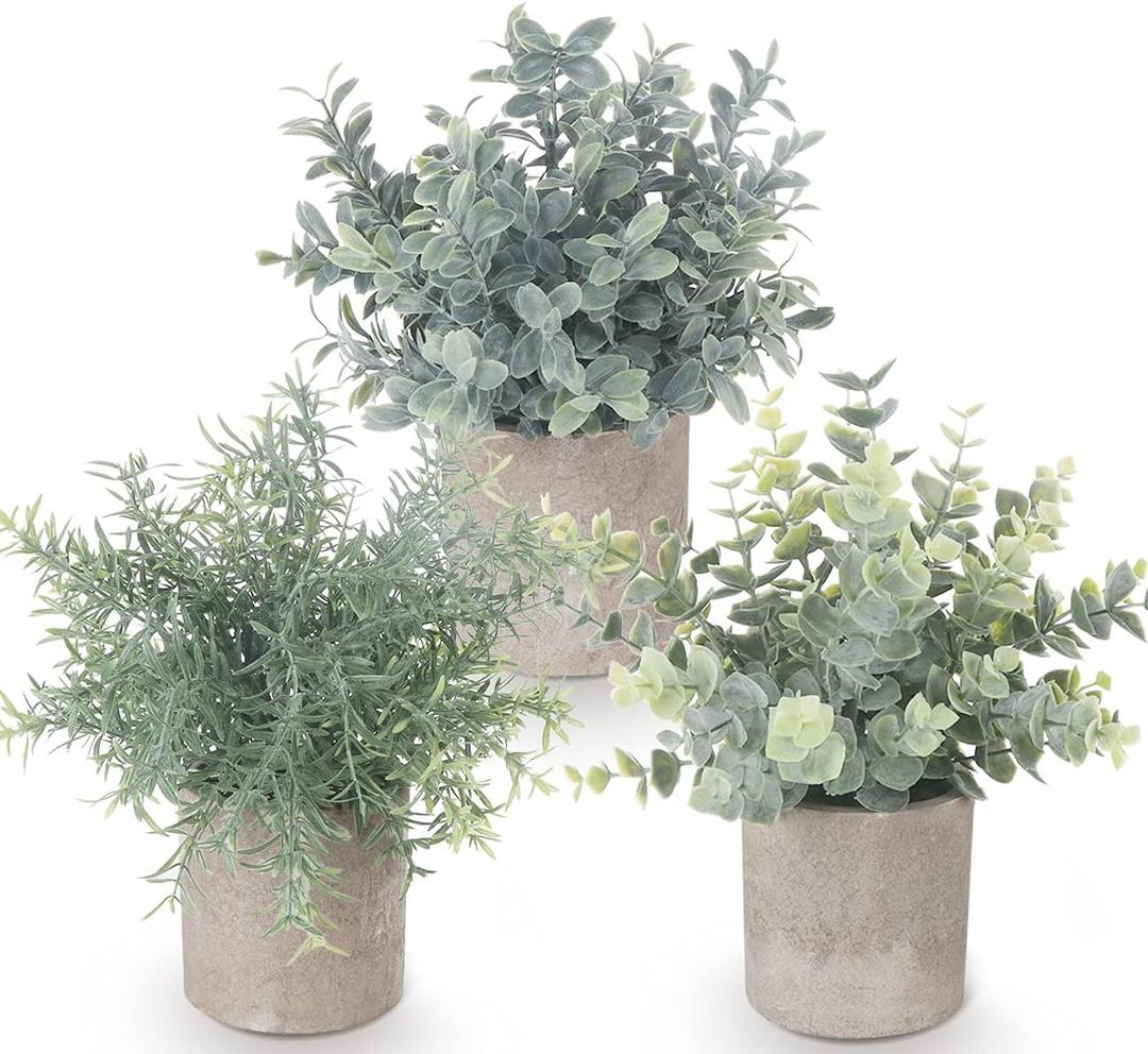 Lemonfilter Small Fake Plants, 3 Mini Potted Artificial Plants Plastic Eucalyptus Faux Rosemary Plants for Home Garden Office Desk Shower Room Farmhouse Decoration (3 green with yellow, 3 Green With Yellow)