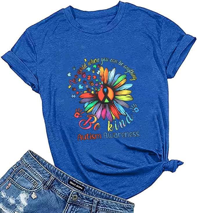 Autism Awareness Shirt Women Be Kind Special Education Teacher T-Shirt Casual Inspirational Kidness Short Sleeve Tee Tops Blue