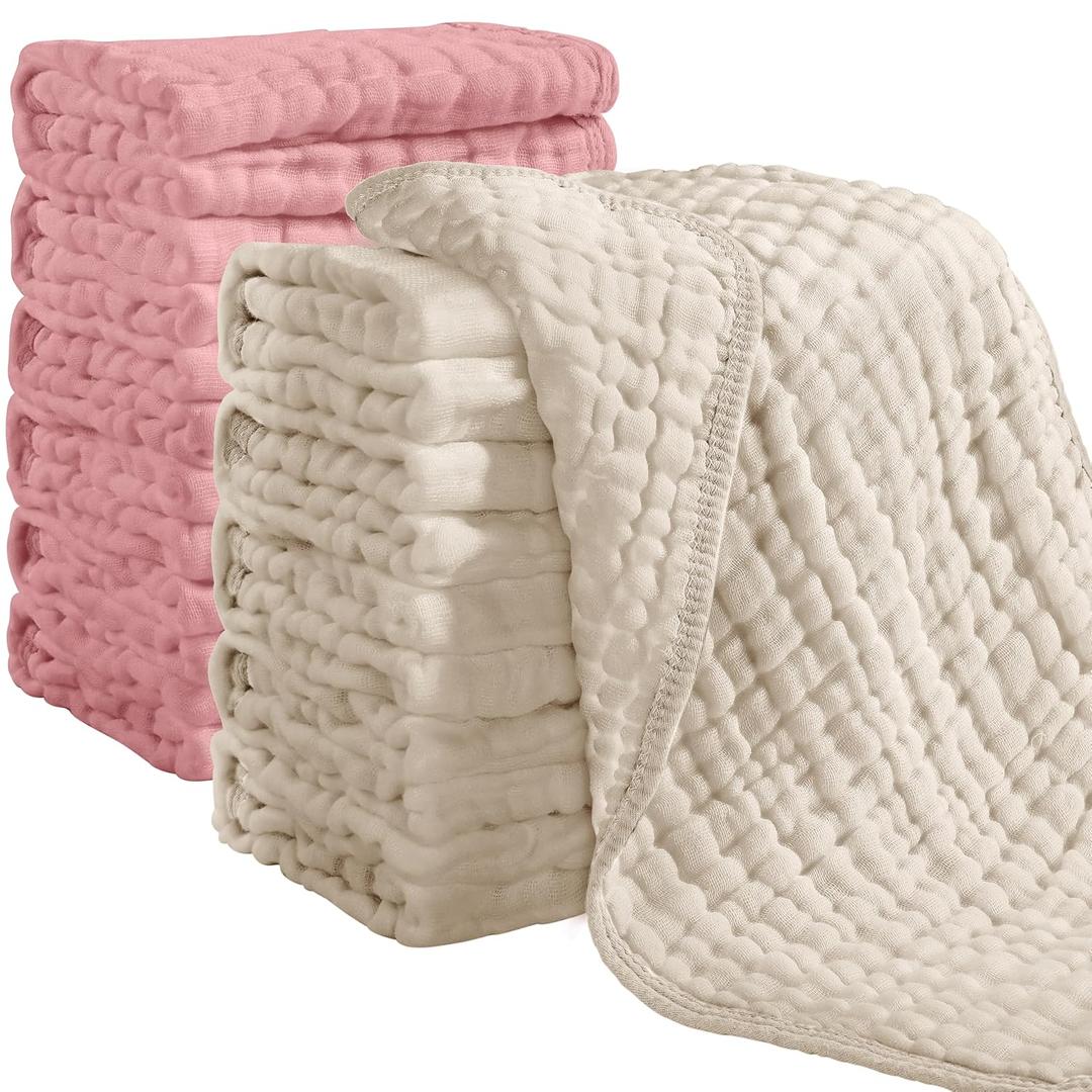 Looxii Muslin Burp Cloths 100% Cotton Muslin Cloths 12 Pack Large 20''x10'' Extra Soft and Absorbent Baby Burping Cloth for Boys and Girls (Apricot+Bean Red)