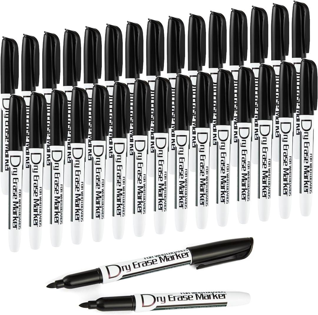Volcanics Black Dry Erase Markers Low Odor Fine Whiteboard Markers Thin Box of 30 (1 Count (Pack of 30))