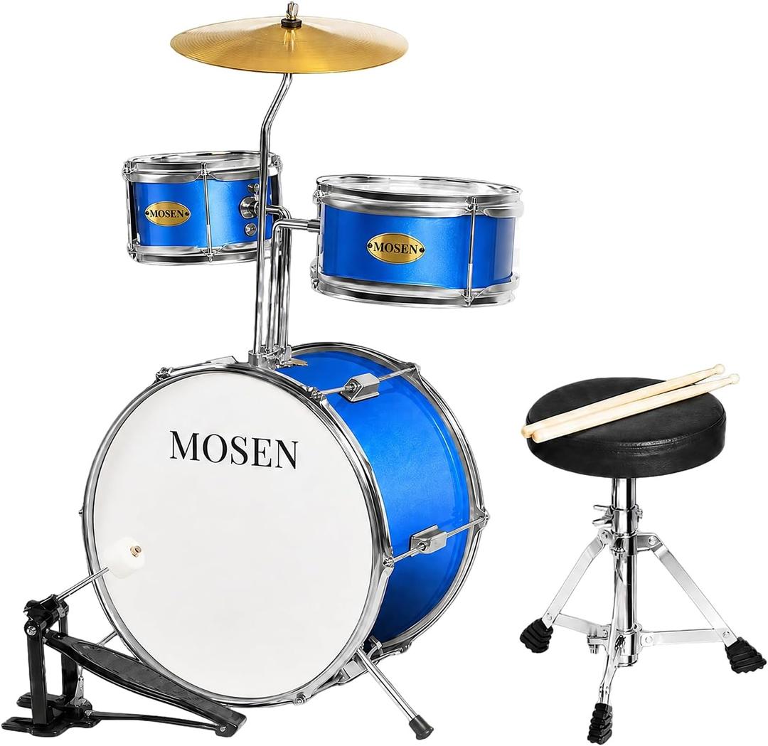 MOSEN 3-Piece Beginner Drum Set, 14 Inch Bass Drum with Tom & Snare Drums, Complete Percussion Kit Includes Adjustable Throne, Cymbal, Drum Pedal & Drumsticks, Blue