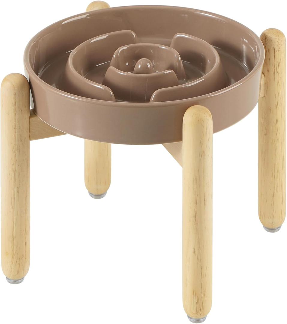 Havniva Ceramic 1.6 Cup Raised Slow Feeder Dog Bowl Set, Elevated Wooden Stand for Medium and Large Dog, 8.2inch Puzzle Slow Dish, Anti-Gulping(Brown Coffee, Single Bowl+ Stand)