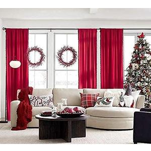 Pompom Velvet Red Curtains 95" inch Long Room Darkening Curtain Set for Living Room Bedroom Window Drapes Soft Winter Holiday Dcor Curtain Panels 42" w 2 Panels