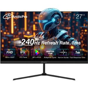 ArcticPro 27 inch Gaming Monitor 240Hz, FHD 1080p, IPS Panel, 1ms Response Time, Adaptive sync, PC Computer Monitor, 3-Sided Frameless, Ultra Slim, 120% sRGB, Bluelight Filter, HDMI & DP Ports,Black