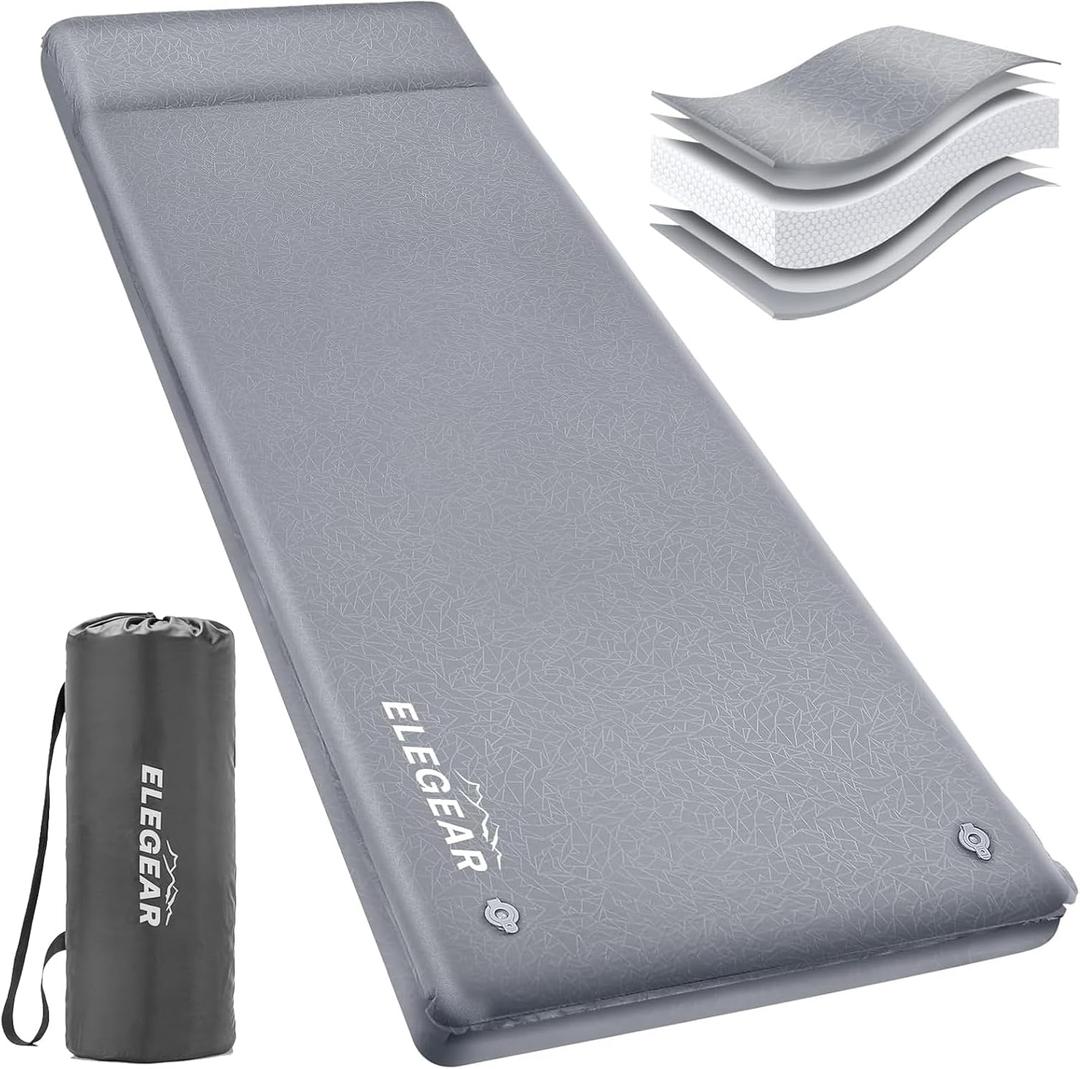 Elegear Self Inflating Camping Sleeping Pad, 3.1'' Ultra Thick Memory Foam Camping Pad with Pillow & Embossed Surface Design, 20s Fast Inflating Insulated Sleeping Pad for Camping/Travel/Tent/Car (Grey)