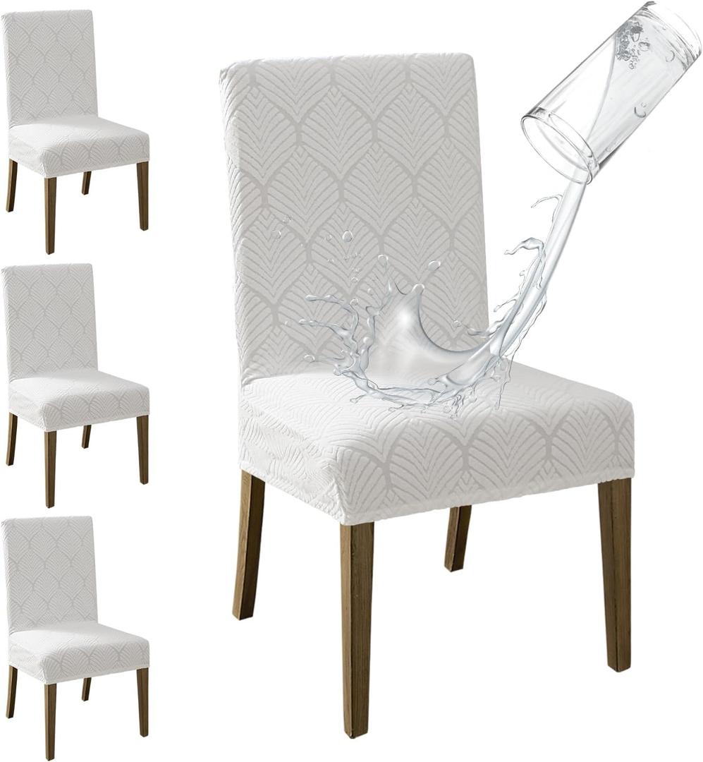 MOSAYT 100% Waterproof Dining Room Chair Covers Set of 4, Super Fit Stretch Jacquard Parson Chairs Slipcovers Removable Washable Chair Seat Protectors for Home, Kitchen, Banquet (White)