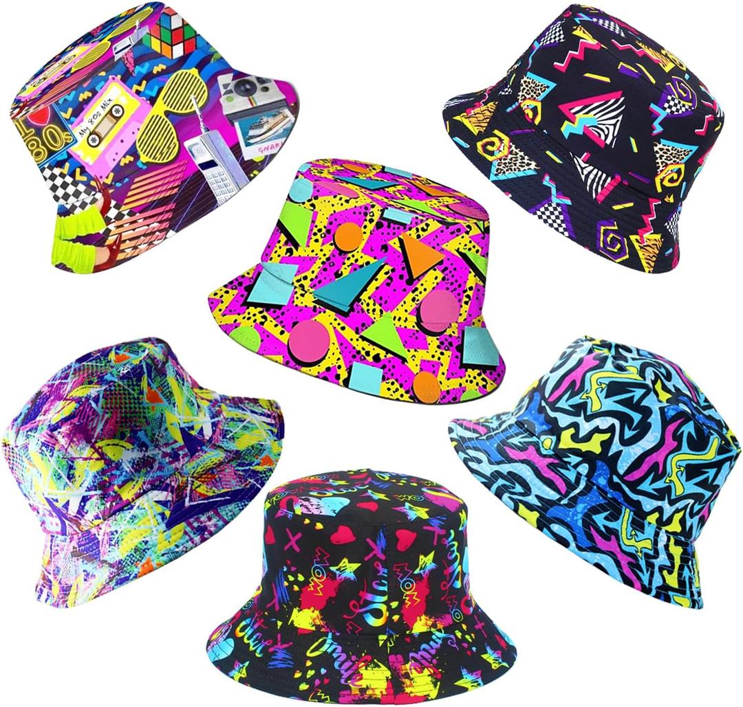 6 Pack Retro 80s 90s Bucket Hats for Men Women, Funny Retro Party Hats, Vintage Print Fisherman Hats for Disco Hip hop Party, Unisex Reversible Portable Hat Outdoor Fashion Sun Cap Colorful