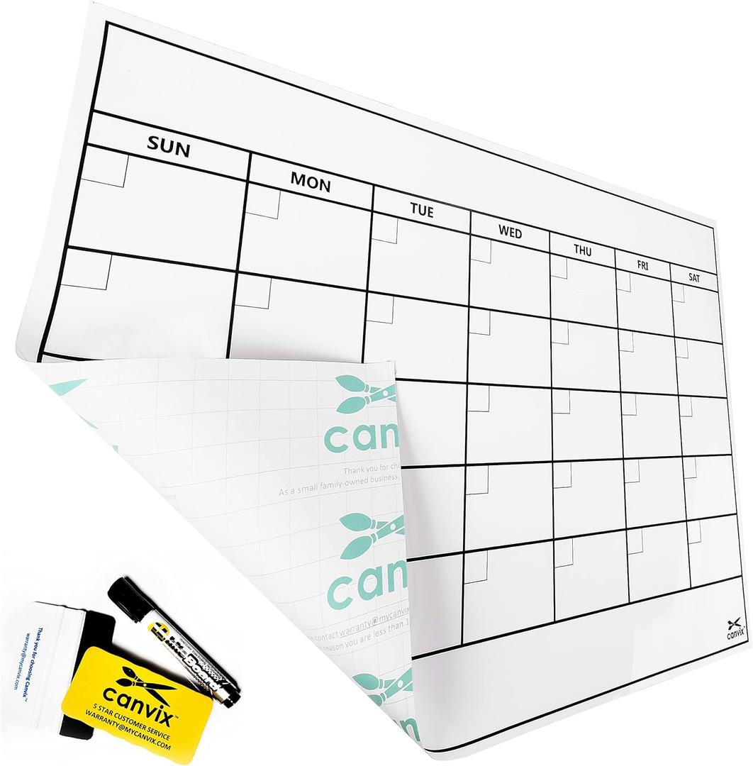 Dry Erase Whiteboard Wall Calendar Decal Sticker – 36 x 24 Inch Large Self-Adhesive, Removable, Residue Free Contact Paper for Home and Office – Marker & Eraser Included