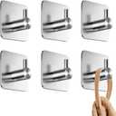 Adhesive Towel Hooks for Bathrooms, Set of 6 - Stainless Steel Self-Adhesive Robe Rack, Durable Adhesive Wall Hooks - Sticky Towel Holder, Peel and Stick Without Drilling (Silver)