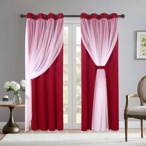 BONZER Dual Layers Grommet Top Mix and Match Blackout Curtains with White Sheer Voile for Living Room, Red, 52x84 Inch, Set of 2 Panels