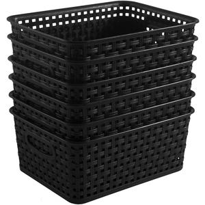 Black Plastic Woven Storage Baskets, 6-Pack Weave Basket Organizer for Kitchen Office Bathroom, 10.08" x 7.48" x 4.06"