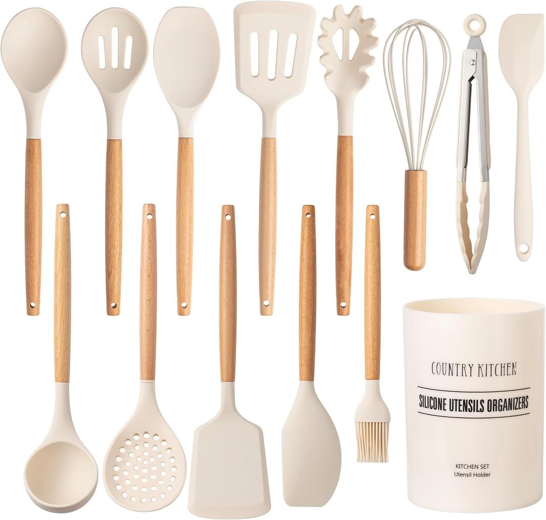 Country Kitchen Non Stick Silicone Utensil Set with Rounded Wood Handles for Cooking and Baking, 14 Piece Set, Khaki Country Kitchen Non Stick Silicone Utensil Set with Rounded Wood Handles for Cooking and Baking, 14 Piece Set, Khaki