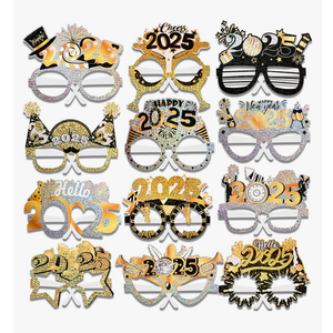Pieces Happy New Year Party Supplies Glitter Glasses, Black Gold Silver 2025 New Year's Eve Party Favors Photo Booth Props Eyeglasses Frame for 24 Pieces NYE Party Favors Decorations