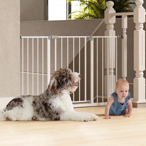InnoTruth 29.5–49.75" Extra Wide Baby Gate for Stairs, 30" Tall Easy Walk Through Dog Gates Indoor for Doorways, One-Hand Opening, Pressure Mounted Metal Pet Gate for Dogs, White