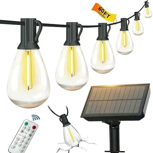 BLIATLUS 60FT Solar String Lights Outdoor Waterproof with Remote Control Solar Patio Lights 15+2 shatterproof LED Bulbs for Porch Garden Market Bistro Patio Backyard Fence