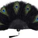 BABEYOND Marabou Feather Fan 20s Vintage Folding Fan Flapper Hand Fan for Costume Dancing Show Tea Party Wedding Decoration (Black&Peacock-Black Rib)