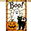 BlissYard Spring Summer House Flag 28 x 40 Inch Double Sided Garden Flag Ghost Cat and Pumpkin Boo for Halloween Yard Banner Porch Outdoor Decor Holiday House Flag