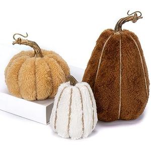 DILATATA 3 Pcs Assorted Faux Sherpa Pumpkins Small Fabric Pumpkins Mini Fake Plush Pumpkins for Fall Decor Halloween Thanksgiving Decor Table Centerpiece Mantel Decor, Set of 3