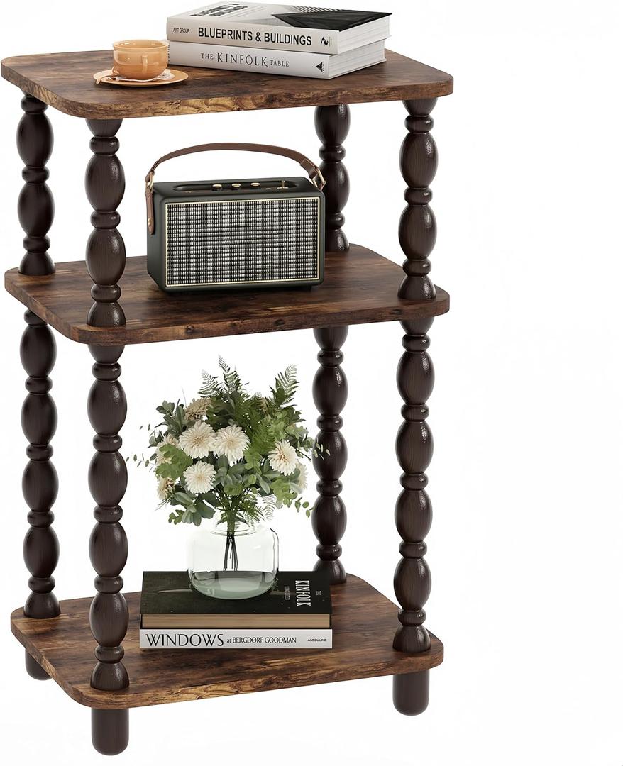 Retro End Table, 3-Tier Small Side Table, Narrow Couch Side Table for Small Spaces, Farmhouse End Table, Modern Accent Table, Skinny Bedside Table Nightstand for Bedroom, Living Room (Rustic Brown)