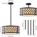 SGLfarmty 15.7" Black Drum Chandelier, 3-Light Semi Flush Mount Ceiling Drum Light Fixture with White Fabric Shade, Farmhouse Hanging Pendant Light for Dining Room Kitchen Island Bedroom