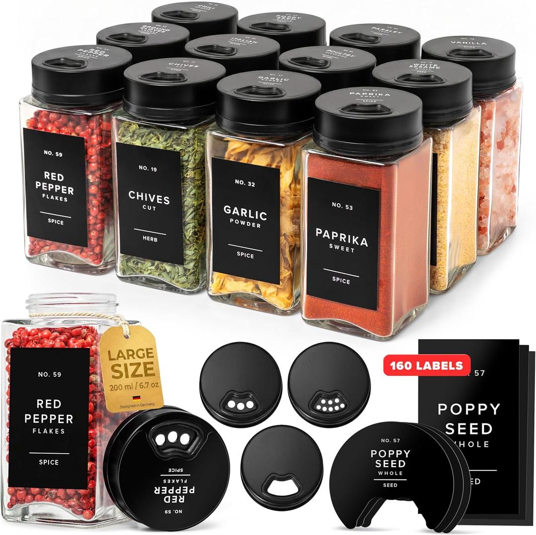 EDELHAUS Large Glass Spice Jars with Label and Black Rotating/Sprinkle Lids (12 x 6.7 fl oz) Spice Containers with 160 Labels, Shaker Inserts, Funnel, Empty Square Containers [4.7 in 2.2 in]