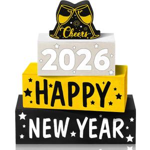 4 Pcs Wooden Happy New Year Tabletop Decor 2026 Block Signs Wine Glass Tiered Tray Rustic Table Centerpieces for Home Mantle New Years Eve Christmas Party Supplies