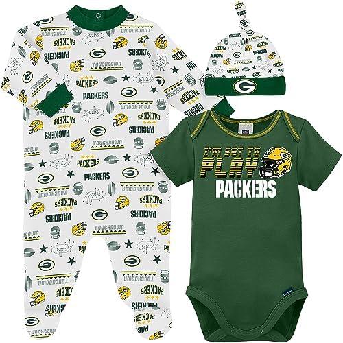 Gerber NFL Green Bay Packers 3 Pack Bodysuit Sleep n Play Footie Cap Registry Gift Set, blue/ white Green Bay Packers, 0-3M