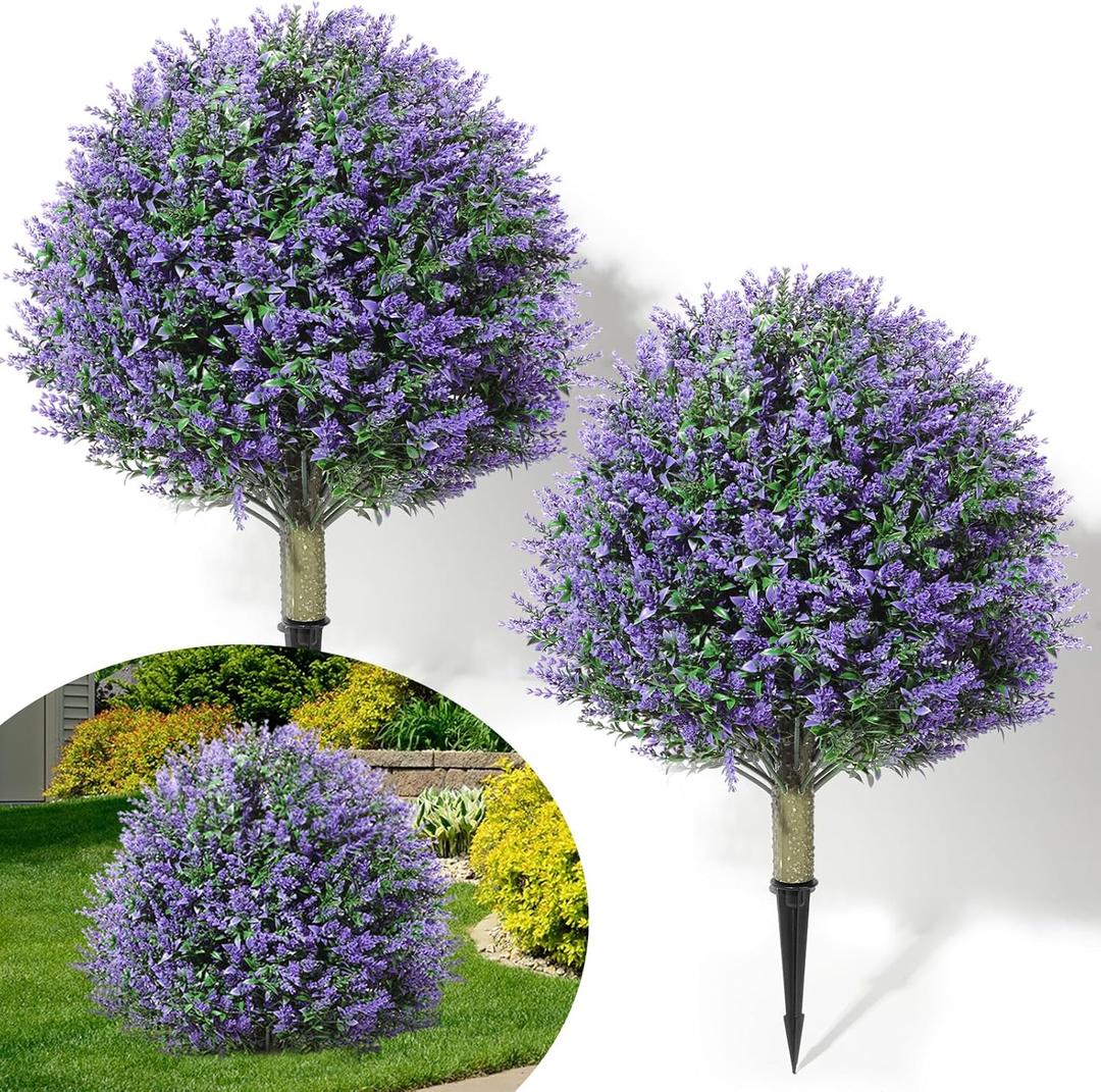 24" Artificial Topiary Ball Tree with Flower Set of 2,Outdoor Fake Topiary with Ground Spike,UV Resistant Faux Artificial Plant Bushes for Indoor Outdoor Front Porch Garden Decor(Purple)