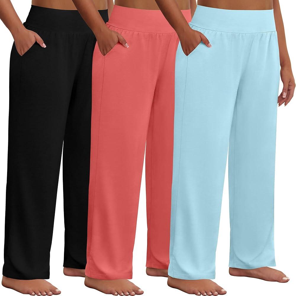 NEER 3 Pack Pants for Women Wide Leg Casual Pant Drawstring Stretchy Waist Trousers with Pockets, Size M, Color: Blue, Black, Pink