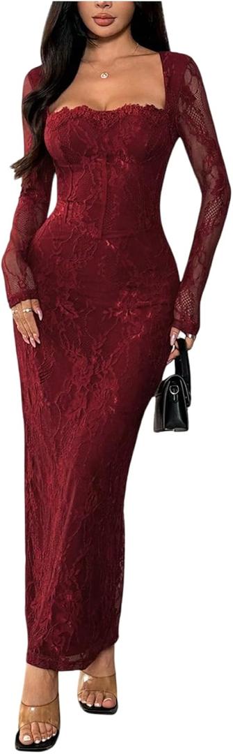 OYOANGLE Women's Floral Lace Slit Back Fishtail Long Dress Square Neck Cocktail Bodycon Dresses (Red, L)