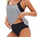 ZAFUL Two Piece Tankini Swimsuit for Women High Waisted Tummy Control Bathing Suit Double Up Tankini Set (Large, Striped)