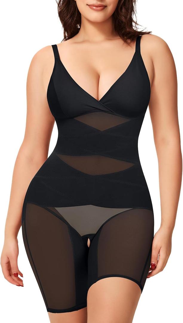 KUMAYES Shapewear Bodysuit for Women - Tummy Control Butt Lifter Fajas Body Shaper V-Neck Body suit Waist Trainer (Large, Black)