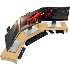 Nnewvante Monitor Stand Riser, 60 inch Large Bamboo Dual Monitor Stand for Desk, 3 Shelves Desktop Screen Riser with Adjustable Length Angle for Computer Laptop PC