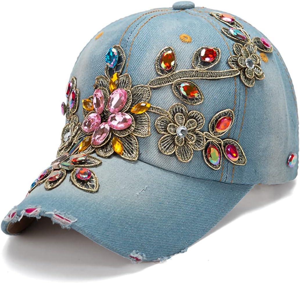 Women Multi-Color Rhinestone Baseball Cap Bling Denim Sun Hat,Studded Big Crystals,Adjustable (Blue, S)