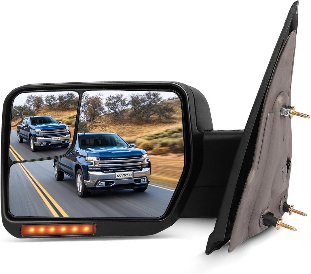SCITOO fit for Ford for F150 Towing Mirror Reflector with Puddle Lights Black Rear View Mirror fit 2004-2014 for Ford for F150 with Turn Signal Power Control Heated Manual Folding(Driver Side) (Left)