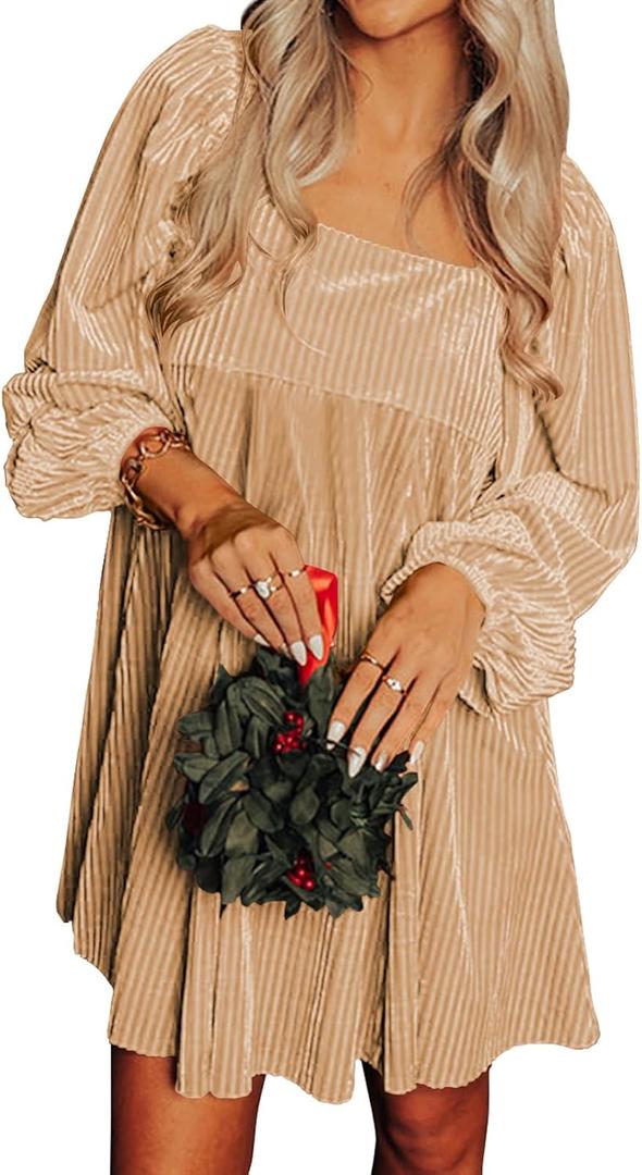 miduo Womens Loose Fit Square Neck Long Sleeve Velvet Mini Babydoll Dresses Shift Dress (X-Large, Khaki)