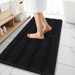 OLANLY Thick Bathroom Runner Rugs 47x20, Extra Absorbent Chenille Striped Bath Rugs, Rubber Backing, Machine Wash Dry, Long Bath Mats for Bathroom Floor, Tub and Shower, Home Decor Accessories, Black