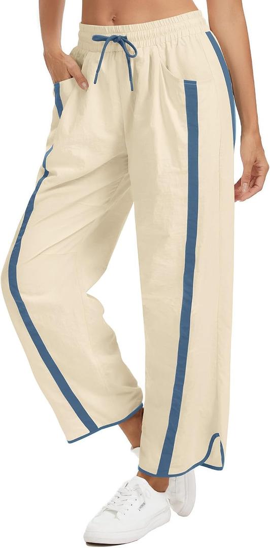 Women's Wide Leg Track Pants Baggy Drawstring High Rise Side Striped Casual Lightweight Parachute Pants with Pockets(Beige,XX-Large)
