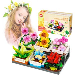 Succulent Bonsai Building Toy, Botanical Collection Plant and Flower Rose, Plant Building Block for Home Decoration, Gift Ideas for Adults Teens Kids (Pack of 6)