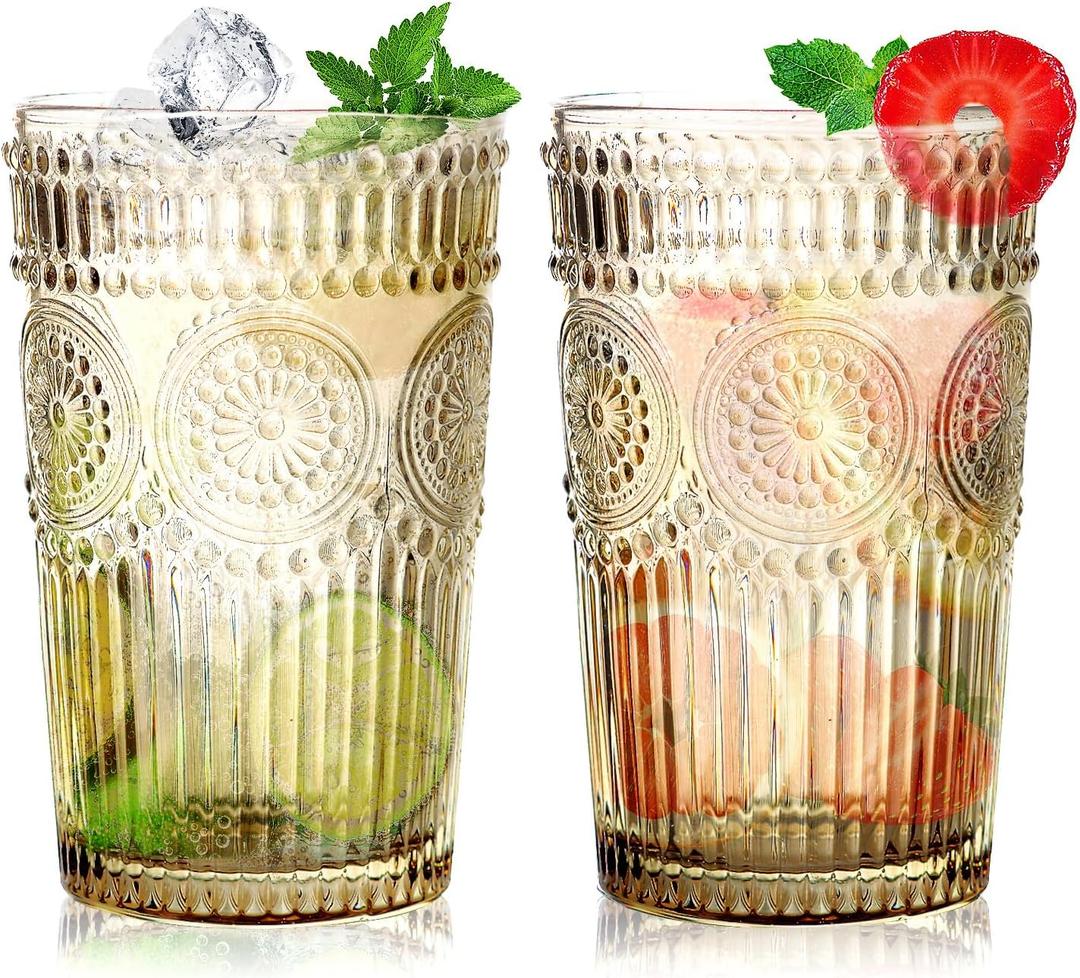 6pcs Vintage Drinking Glasses Set, 12 oz Tawny Highball Glasses, Embossed Ribbed Glassware Cups for Cocktail, Water, Juice, Coffee, Whiskey