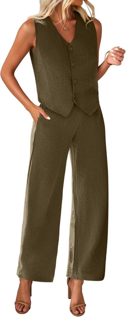 KIRUNDO Womens Suits 2 Piece Set Summer Linen Crop Blazer Vest and Pants Sets Dressy Casual Matching Clothes Going Out Outfits (Army Geeen, X-Large)