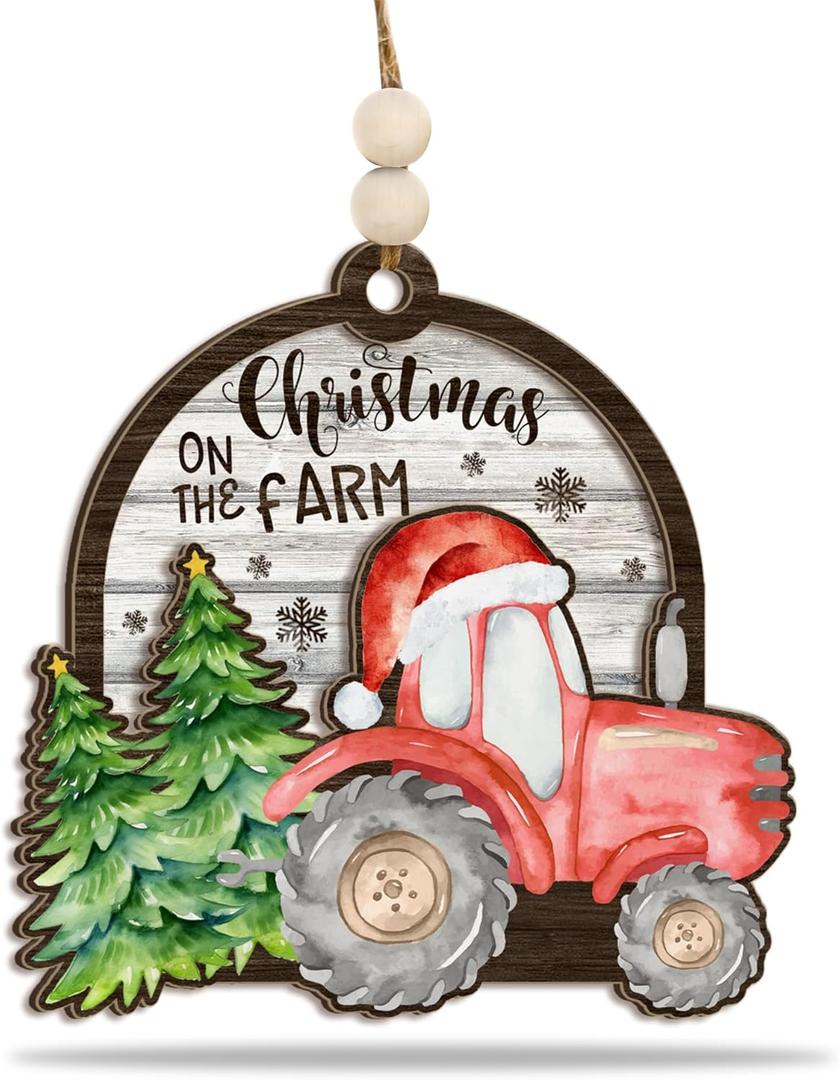 Farmhouse Ornament 2025, Tractor Ornament, Christmas on The Farm Wooden  Rustic Red Tractor with Santa Hat  Farmhouse Holiday Decoration, Famer Gift
