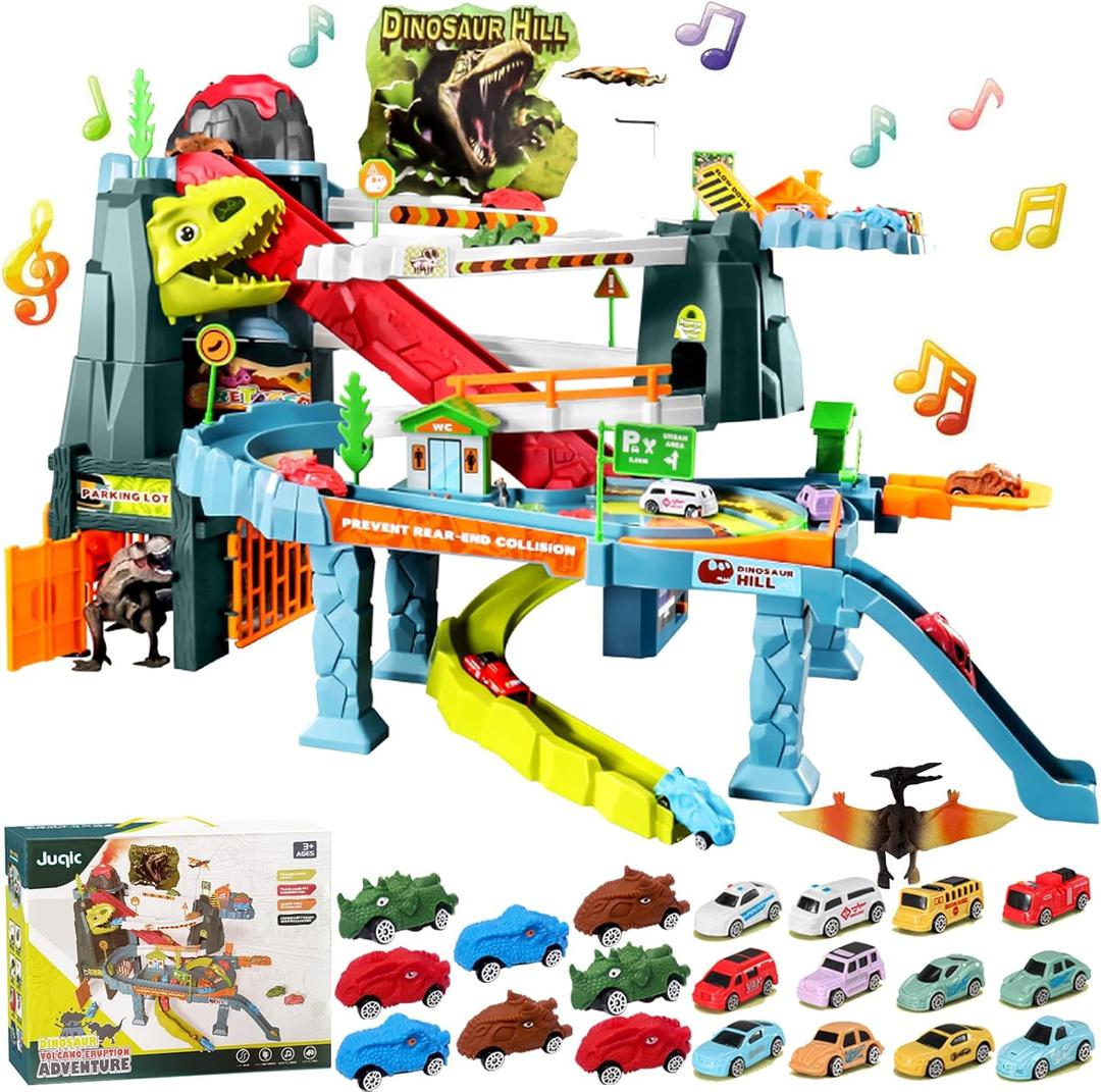 Juqic Children's Toy Car Ramp Track Dinosaur Spray Hills Adventure Railcar Slot Car Vehicle Race Play Set with 20 Mini Cars for Preschool Boys Puzzles Gifts Kids Ages 3 to 6 or Older (Spray Dinosaur)