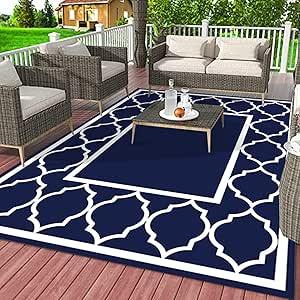 Patio Door Rugs Outdoor Indoor, Indoor Outdoor Area Rug Geometric Designs, Outdoor Deck Carpet for Under Patio Table Non Slip Outdoor Rugs Foldable for Garden, Balcony, RV, Camping Blue and White Carpet 54" x 75"