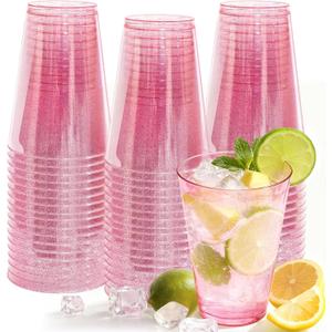 50 Pack Plastic Cups Disposable 12 oz Pink Glitter Party Cups for Cocktail Fancy Clear Plastic Cup Drinking Glasses for Mother's Day Party Birthday Wedding Graduation