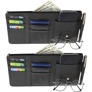 2 Packs Car Sun Visor Multi-Pocket Organizer for SUV & Truck, Auto Visor Storage Pouch with Big Zipper Pocket, Card Sleeve, Driving License, Insurance, Sunglasses, Pen, Key, Lipstick