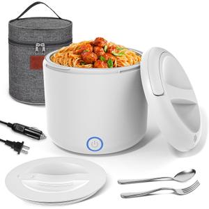 Herrfilk Electric Lunch Box Food Heater, 1.2L/41oz Heated Lunch Boxes for Adults, 12V/24V/110V Portable Food Warmer for Car/Truck/Office With Fork Spoon and Insulated Carry Bag, White