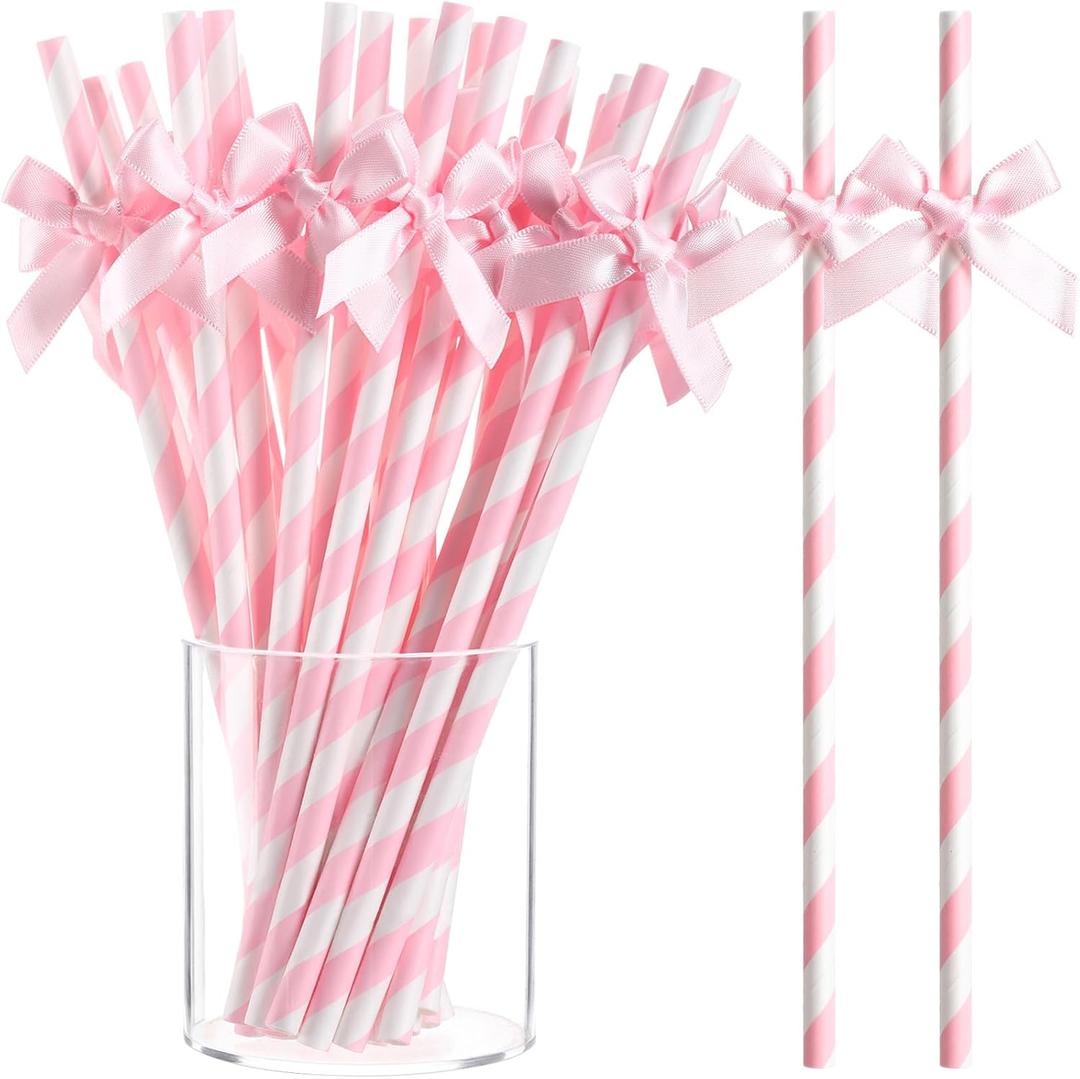 100 Pcs Pink Bow Paper Straws Bulk Pink and White Disposable Striped Straws for Drinking, Pastel Theme Party Supplies for Birthday Wedding Bachelorette Baby Shower Cake Decor