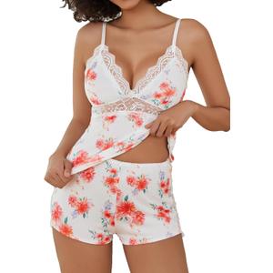 Avidlove Womens Sleepwear Lace Pajamas Cami PJS Set Pajama Set for Women (X-Large, Orange Floral)